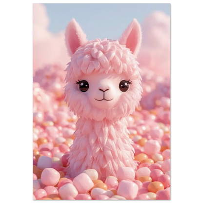 Rosa alpacka av sockervadd bland marshmallows – 3D-illustration för barnrum
