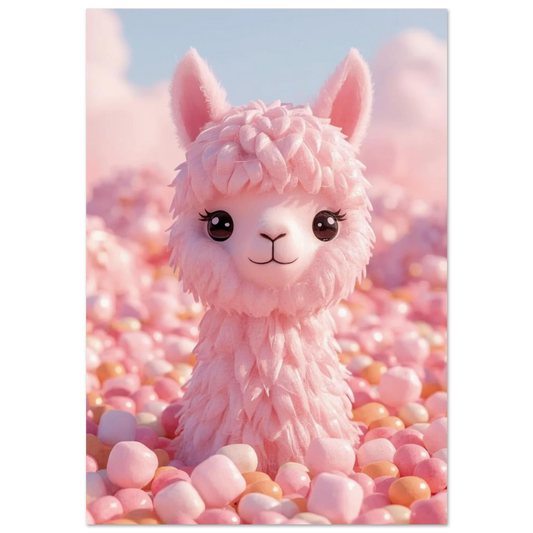 Rosa alpacka av sockervadd bland marshmallows – 3D-illustration för barnrum