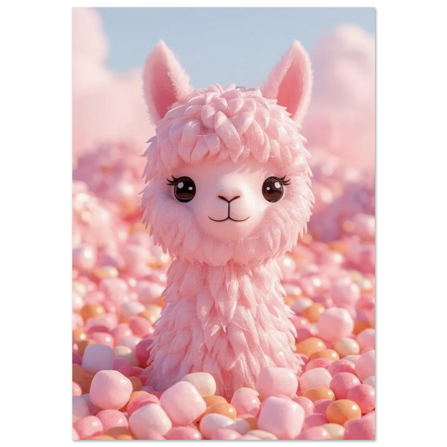 Rosa alpacka av sockervadd bland marshmallows – 3D-illustration för barnrum