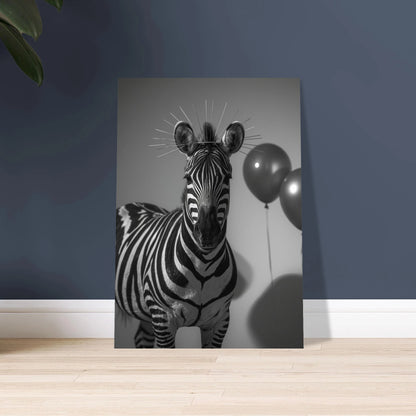 Zebra i svartvitt med metalliska strålar och ballonger