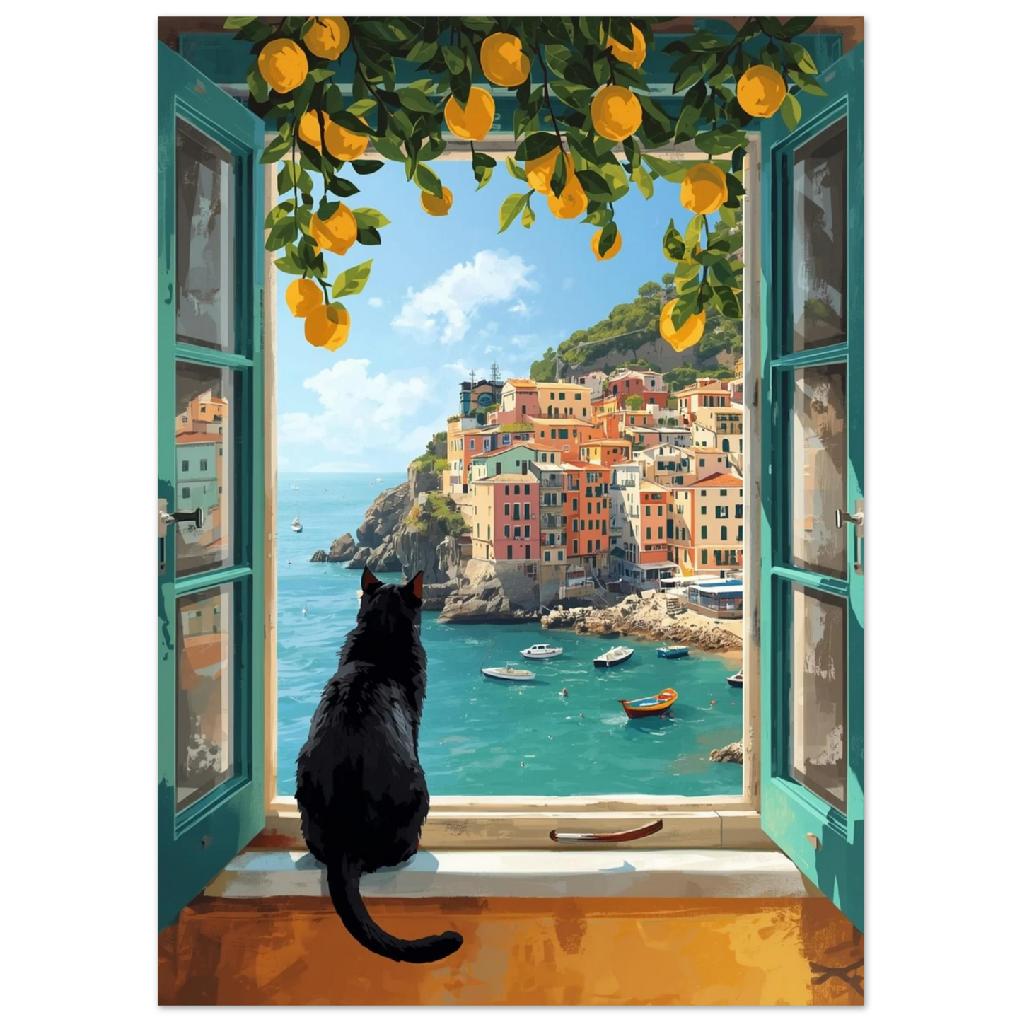 Illustration av en katt som ser ut över turkost medelhavsvatten och färgglada hus