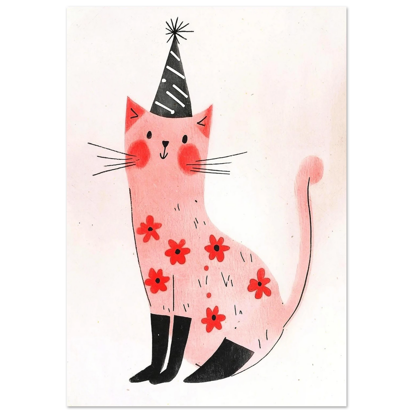 Rosa illustrerad katt med svartvit partyhatt och röda blommor – djurposter