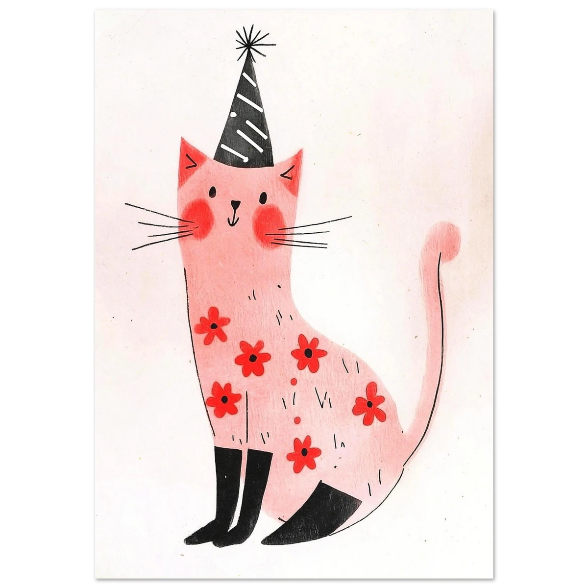 Rosa illustrerad katt med svartvit partyhatt och röda blommor – djurposter