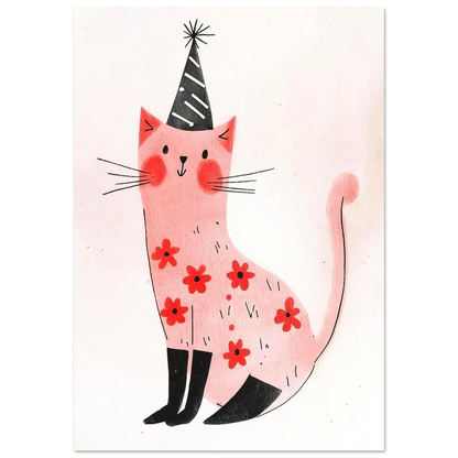 Rosa illustrerad katt med svartvit partyhatt och röda blommor – djurposter