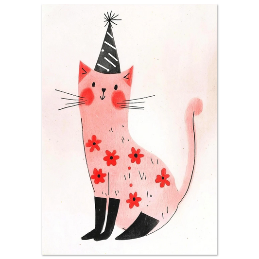 Rosa illustrerad katt med svartvit partyhatt och röda blommor – djurposter