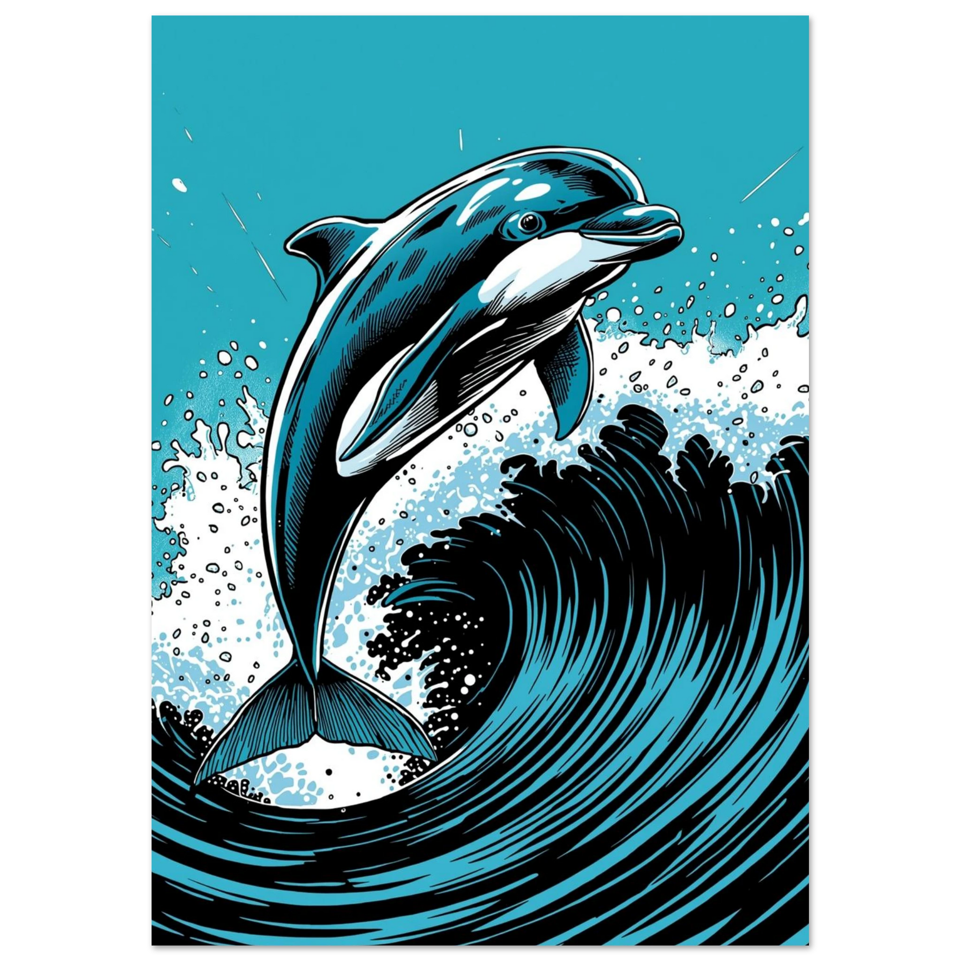 Delfinmotiv i serietidningsstil med turkos bakgrund och vita vattenstänk