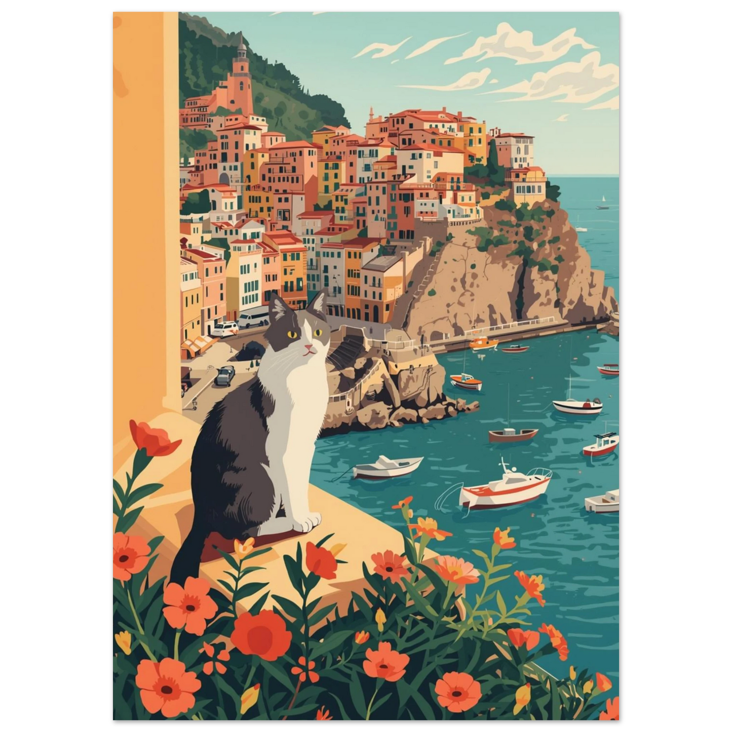 Kattmotiv i medelhavsmiljö med färgglada hus och blått hav, grafisk poster