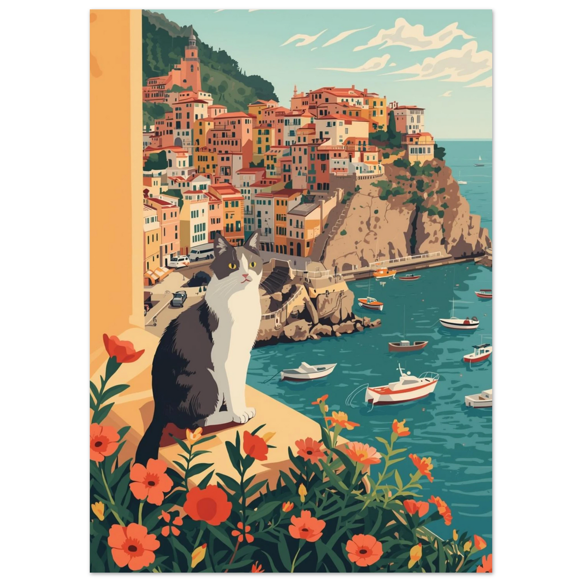 Kattmotiv i medelhavsmiljö med färgglada hus och blått hav, grafisk poster