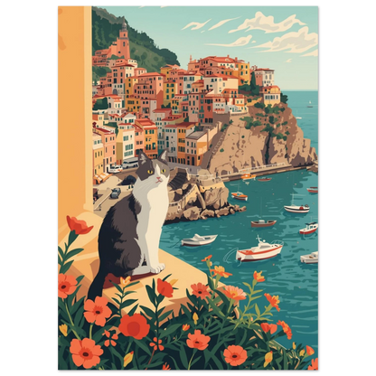 Kattmotiv i medelhavsmiljö med färgglada hus och blått hav, grafisk poster