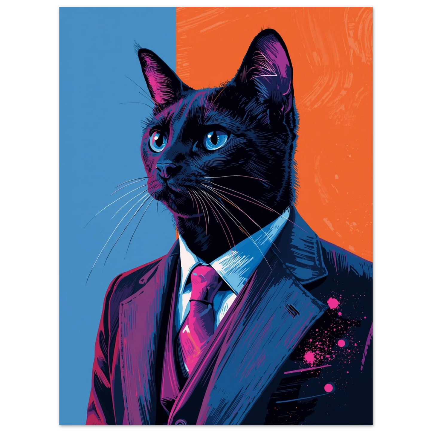 Stilfull kattposter med en svart katt i kostym och magenta slips