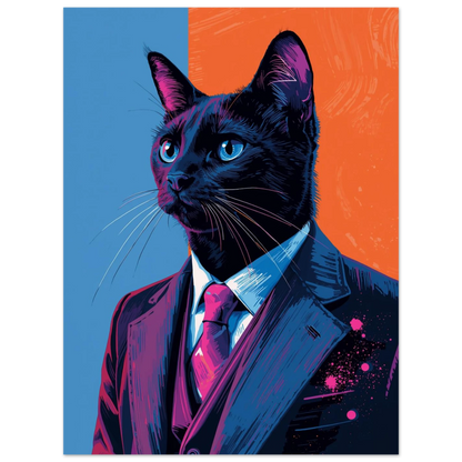 Stilfull kattposter med en svart katt i kostym och magenta slips