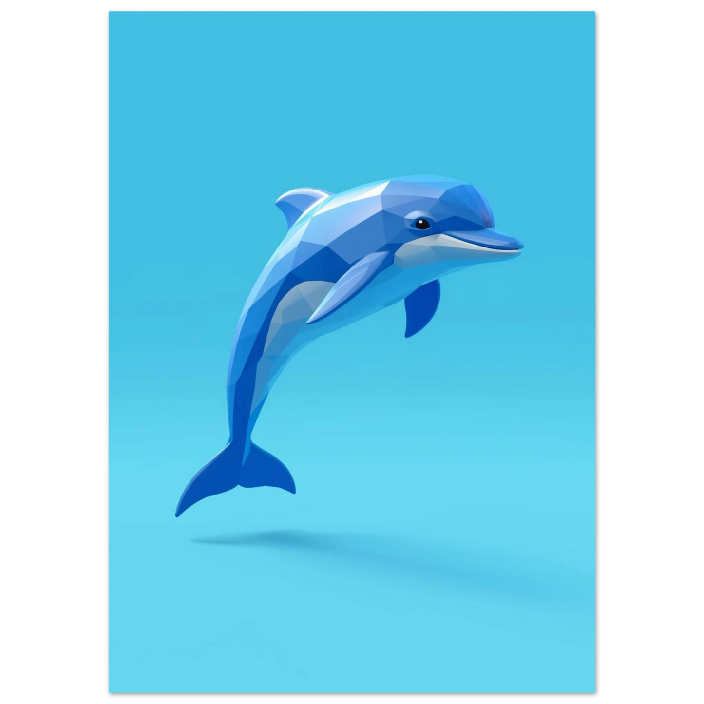 Lågpoly-illustration av en hoppande delfin i olika blå nyanser