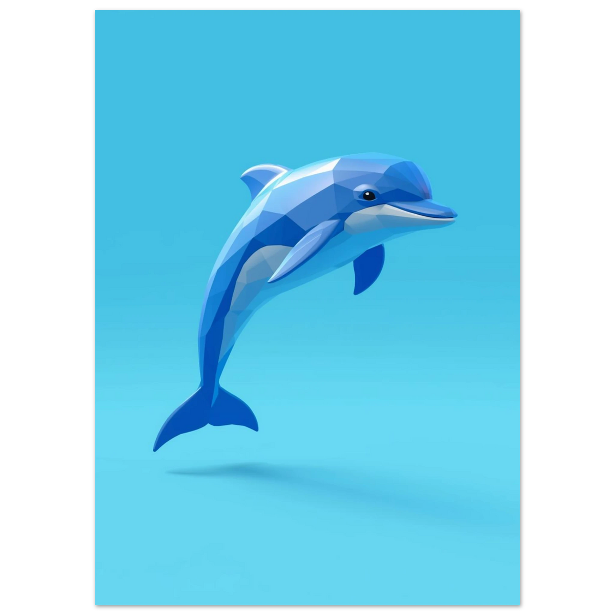 Lågpoly-illustration av en hoppande delfin i olika blå nyanser