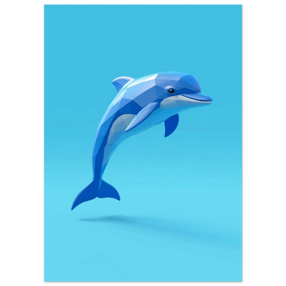 Lågpoly-illustration av en hoppande delfin i olika blå nyanser