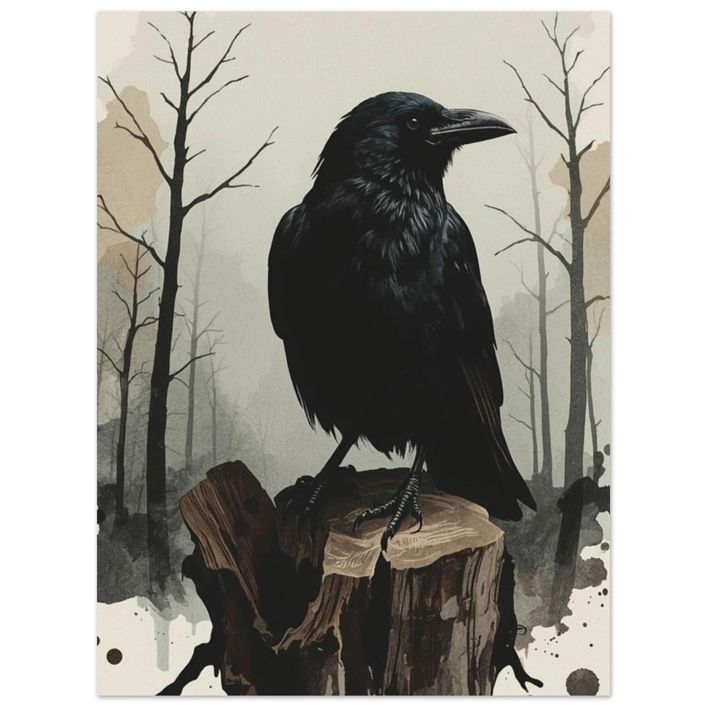 Konstnärlig illustration av korp på stubbe med skog i bakgrunden – Målad poster