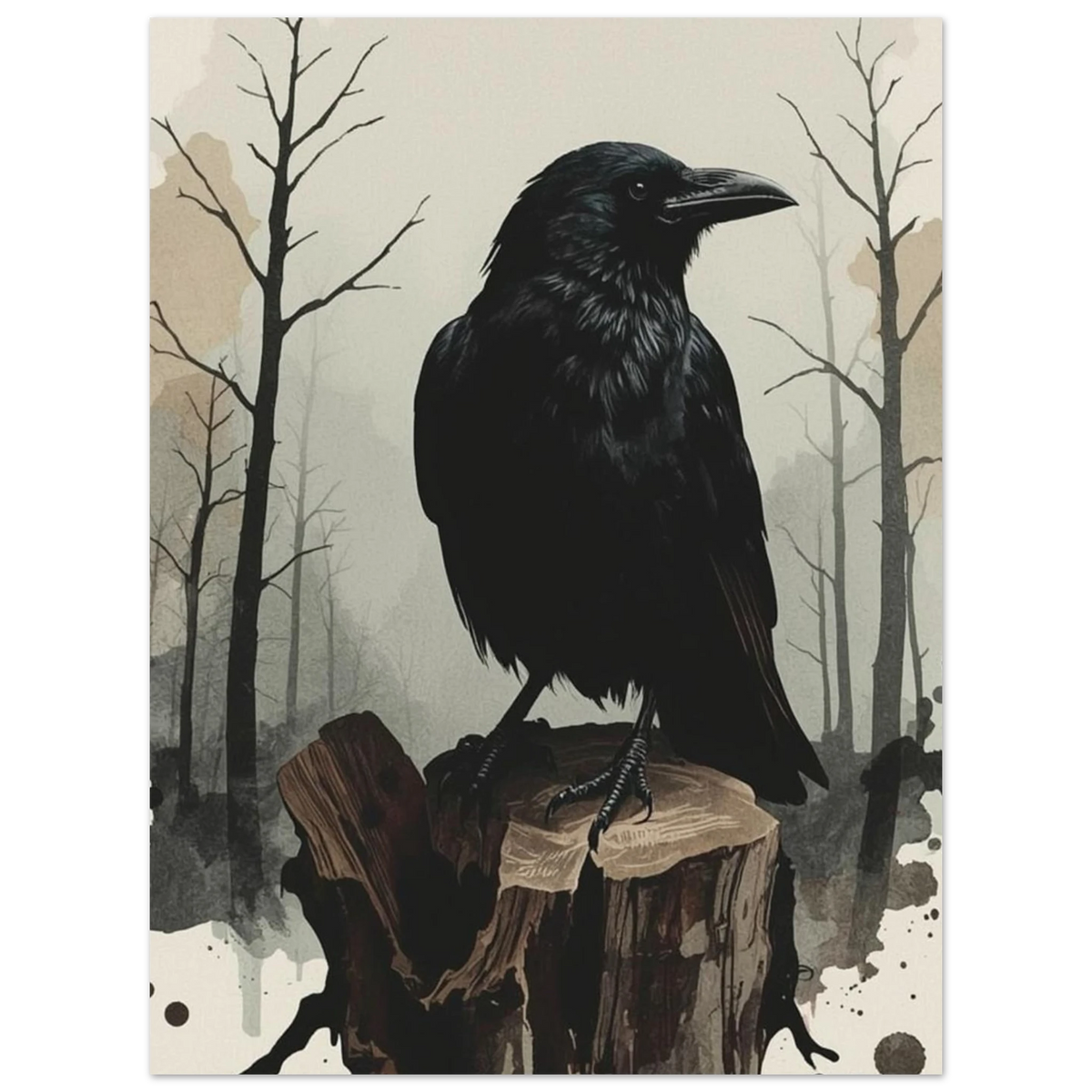 Konstnärlig illustration av korp på stubbe med skog i bakgrunden – Målad poster