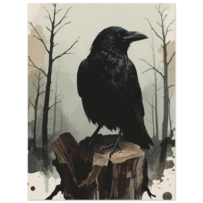 Konstnärlig illustration av korp på stubbe med skog i bakgrunden – Målad poster