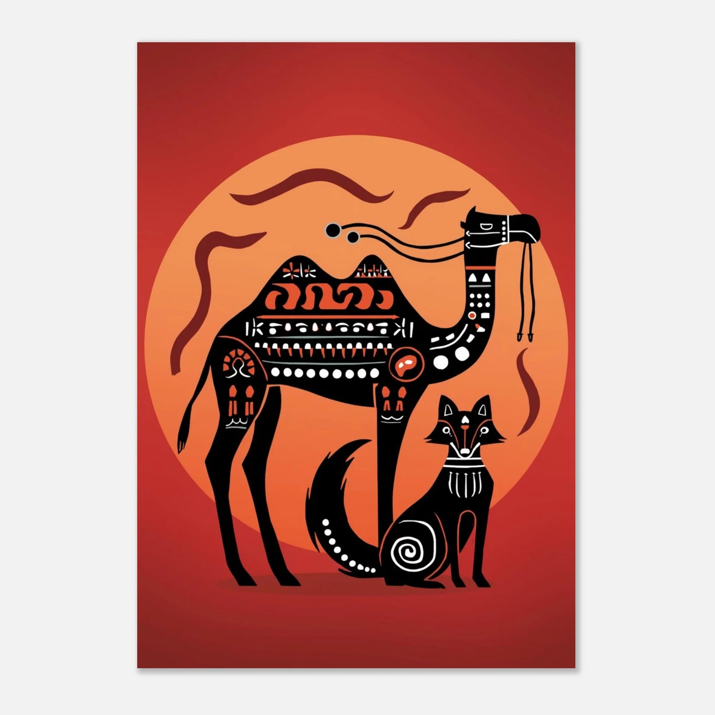 Mytisk illustration av kamel och räv i rödorange toner, djurprint