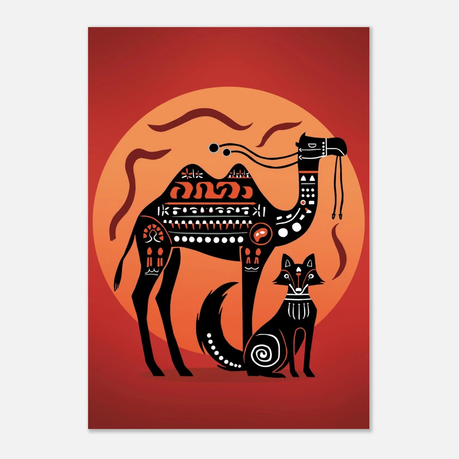 Mytisk illustration av kamel och räv i rödorange toner, djurprint