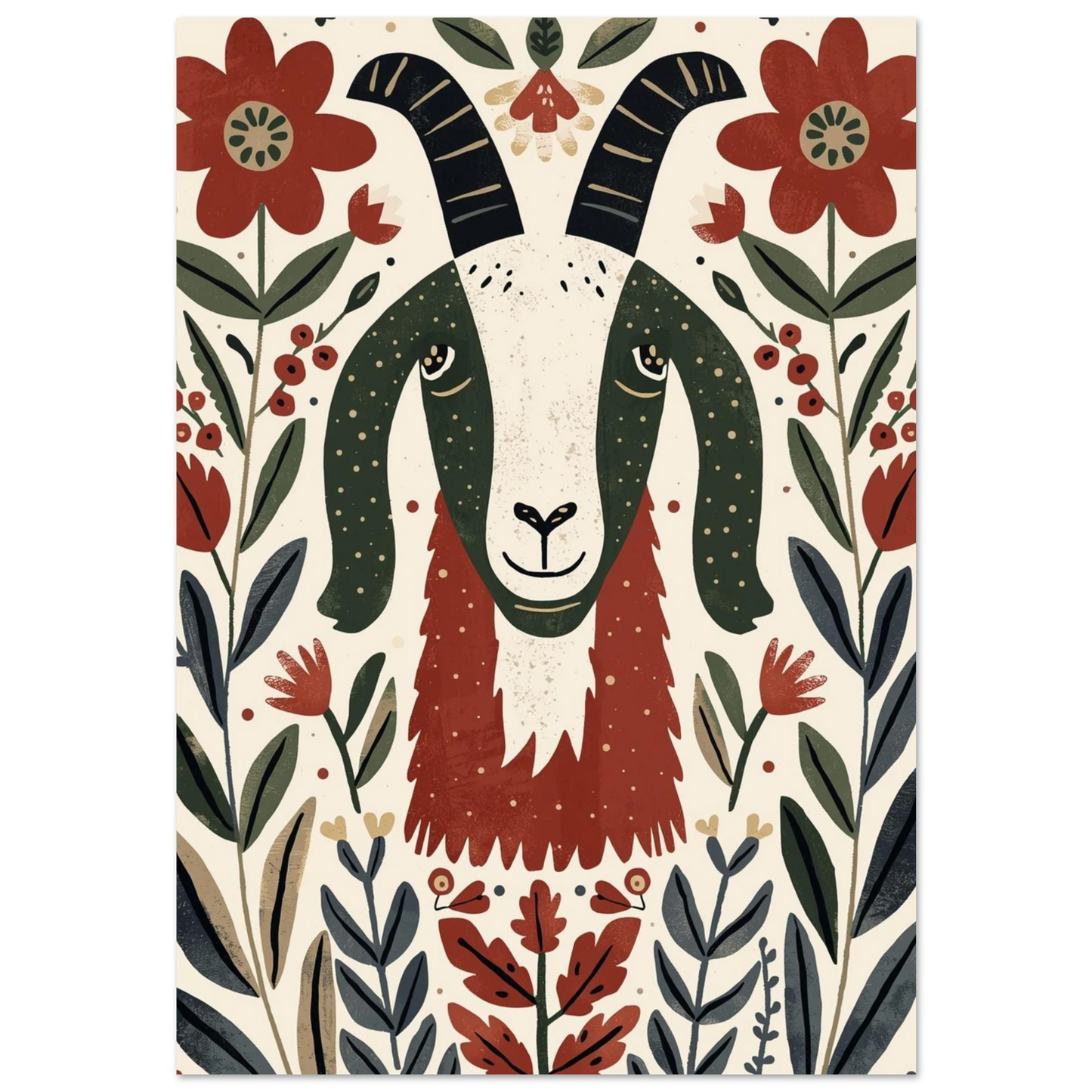 Folkkonst-poster med en get omgiven av röda blommor och blad