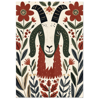 Folkkonst-poster med en get omgiven av röda blommor och blad