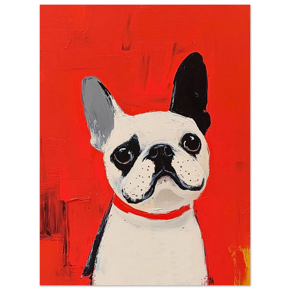 Oljemålning av fransk bulldog i modern stil med intensivt röd färgskala