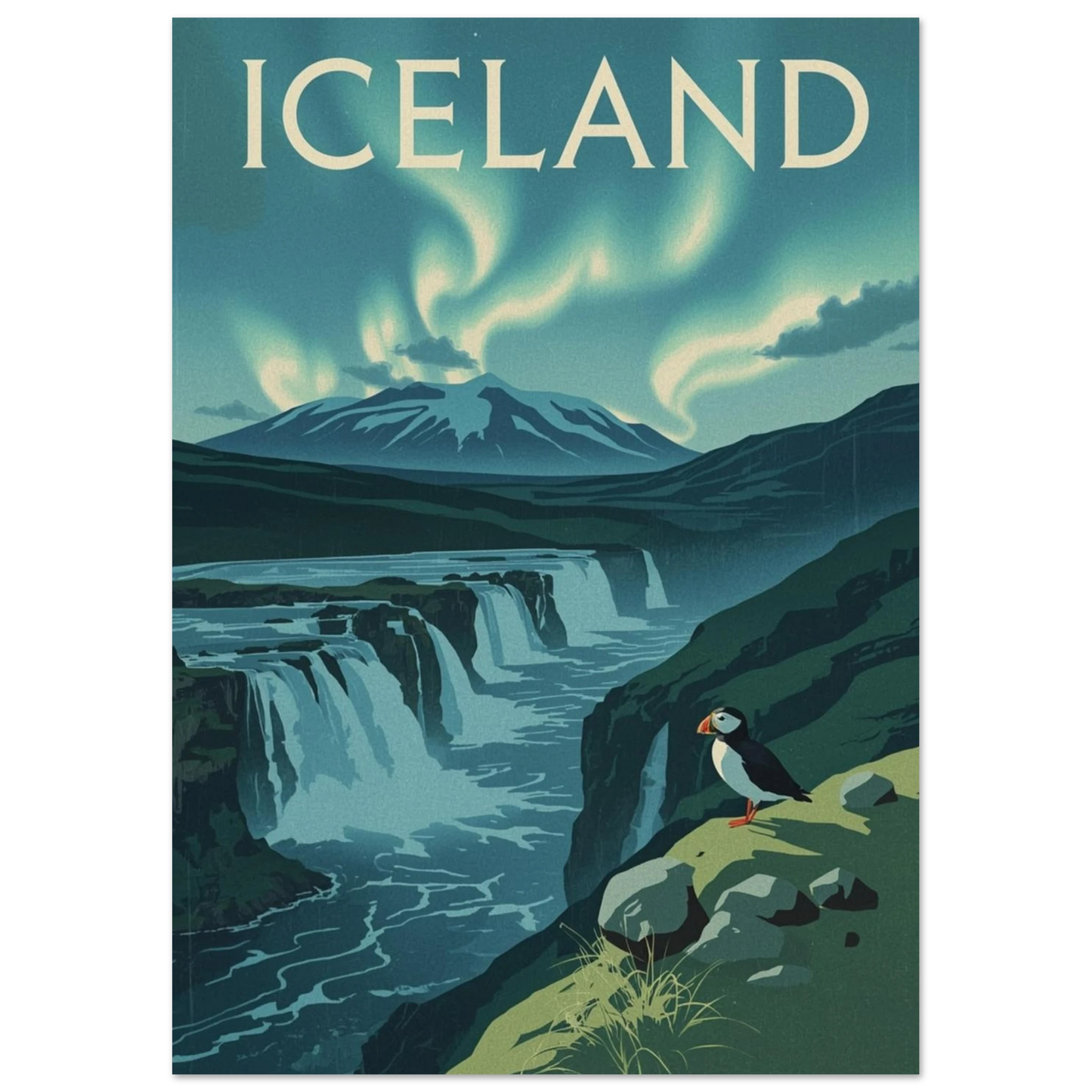 Grafisk illustration av en lunnefågel på en klippa framför glaciärberg