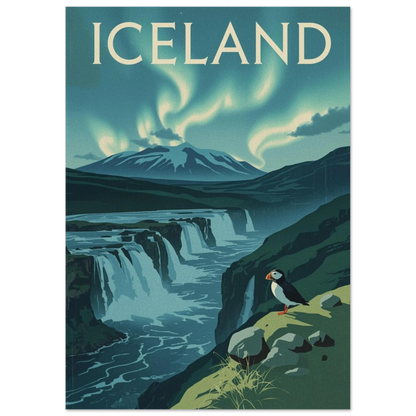 Grafisk illustration av en lunnefågel på en klippa framför glaciärberg