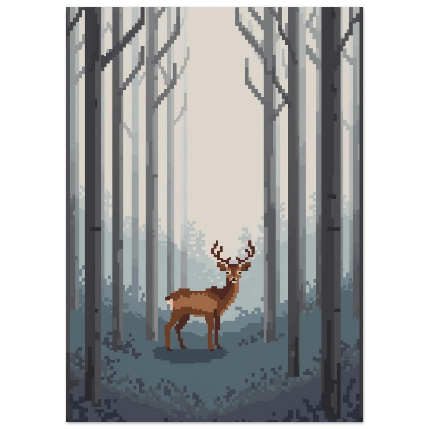 Ståtlig hjort med horn i pixelstil, gråblå skogsmiljö – grafiskt print