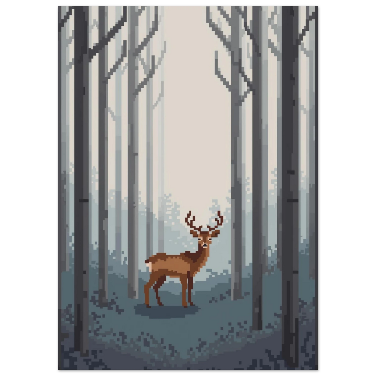 Ståtlig hjort med horn i pixelstil, gråblå skogsmiljö – grafiskt print