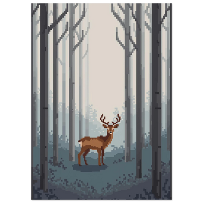 Ståtlig hjort med horn i pixelstil, gråblå skogsmiljö – grafiskt print