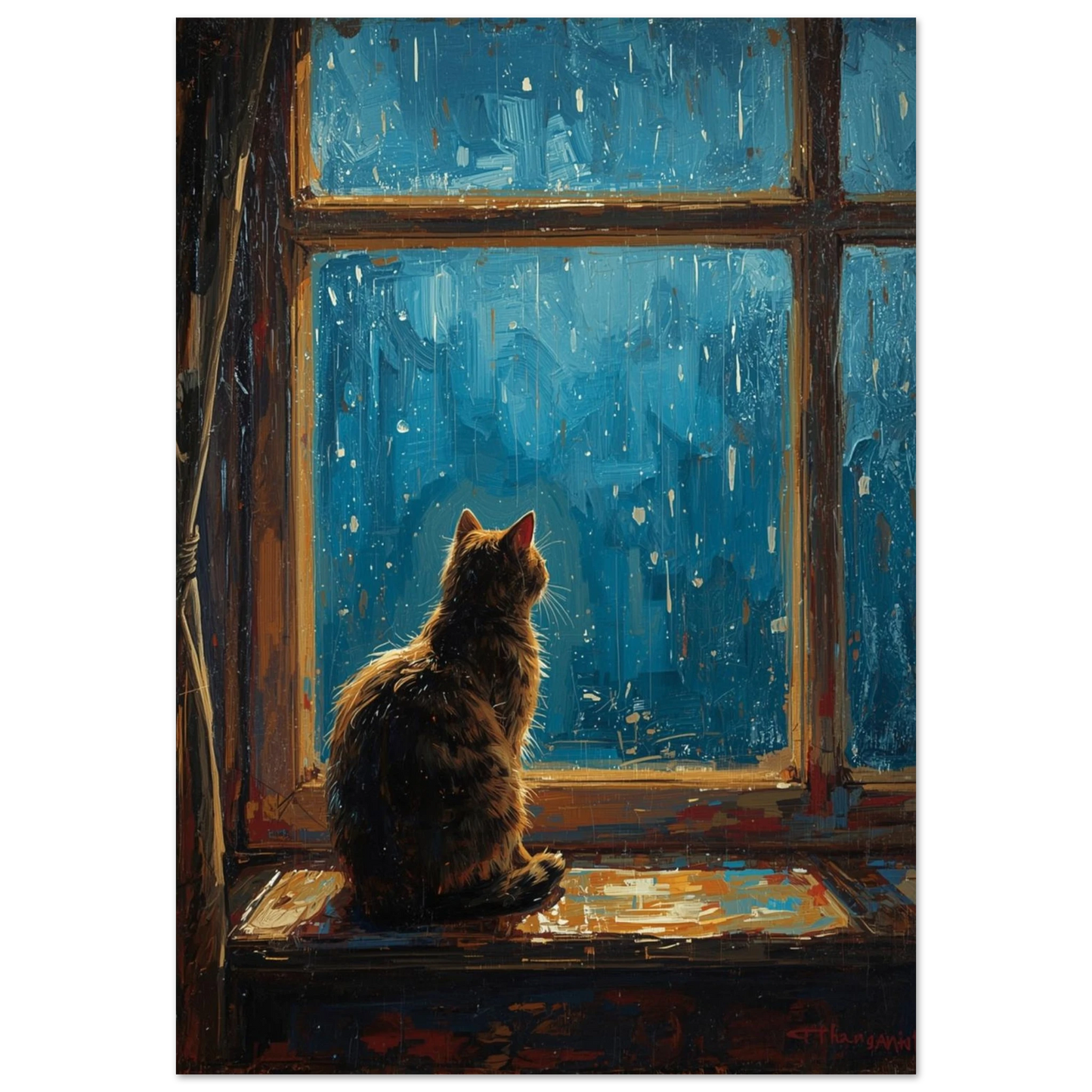 Konstnärlig poster med katt i regnet i blå impasto-stil