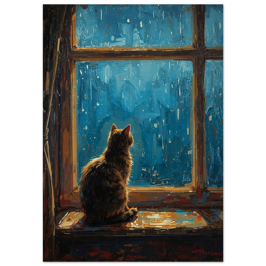 Konstnärlig poster med katt i regnet i blå impasto-stil