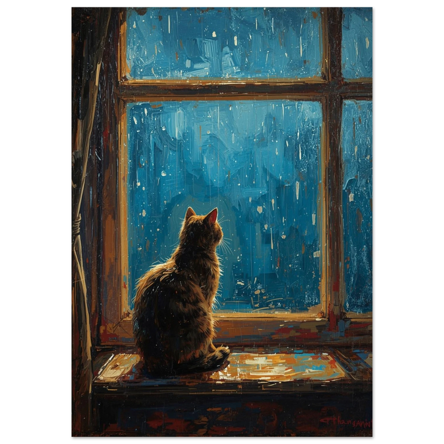 Konstnärlig poster med katt i regnet i blå impasto-stil
