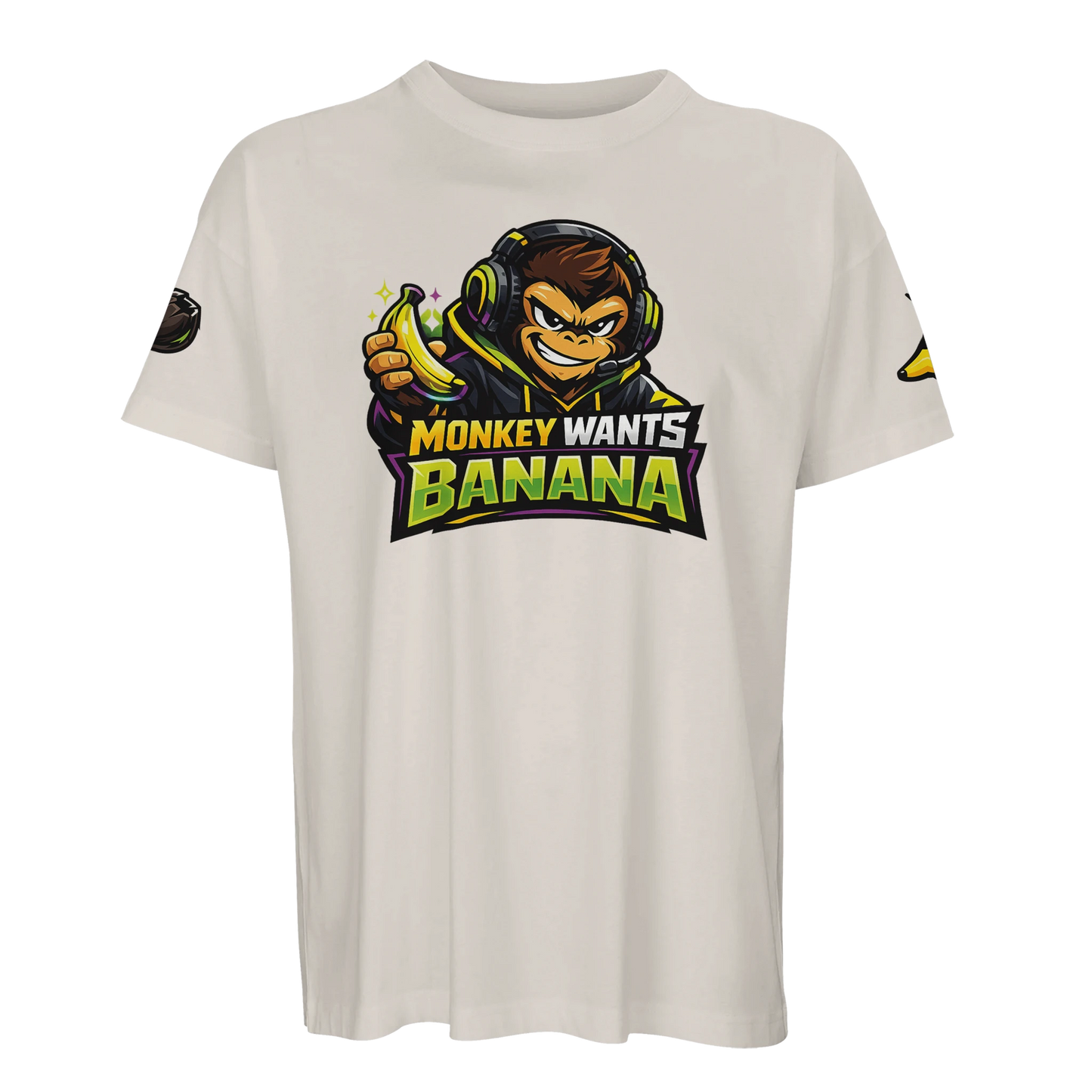 Beige ekologisk t-shirt med kaxigt djurmotiv av en gamer-apa