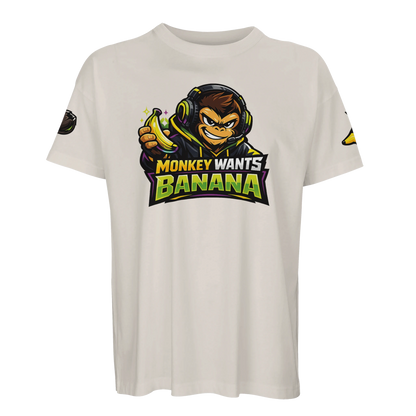Beige ekologisk t-shirt med kaxigt djurmotiv av en gamer-apa