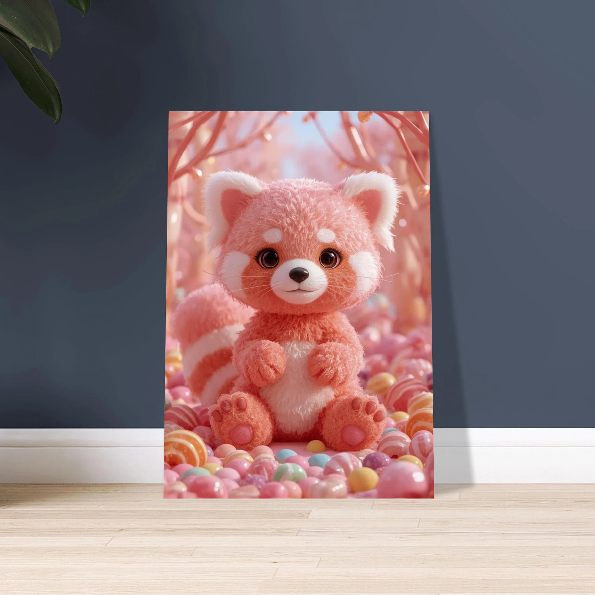 Rosa röd panda av godisfluff, omgiven av färgglada karameller