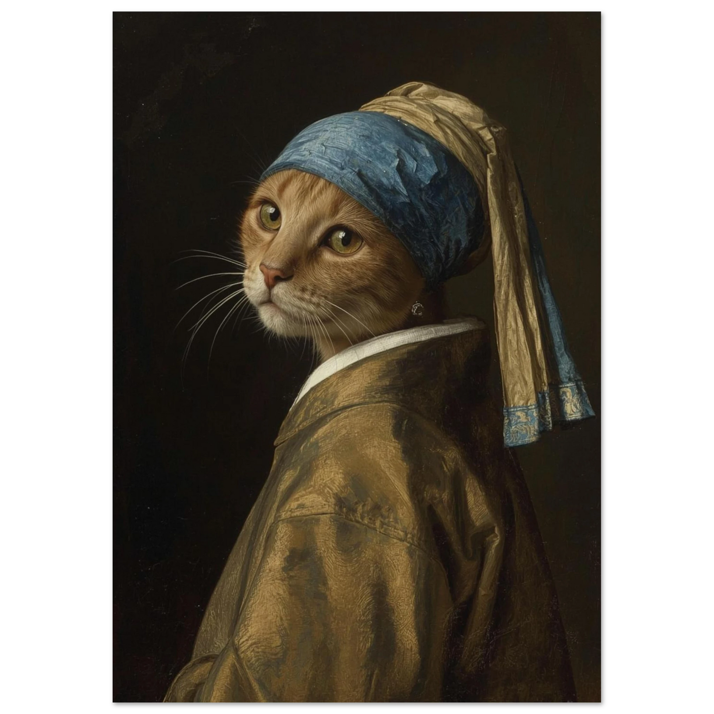 Humoristiskt djurmotiv föreställande katt i historisk barockdräkt och huvudbonad