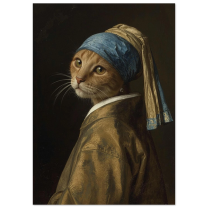 Humoristiskt djurmotiv föreställande katt i historisk barockdräkt och huvudbonad