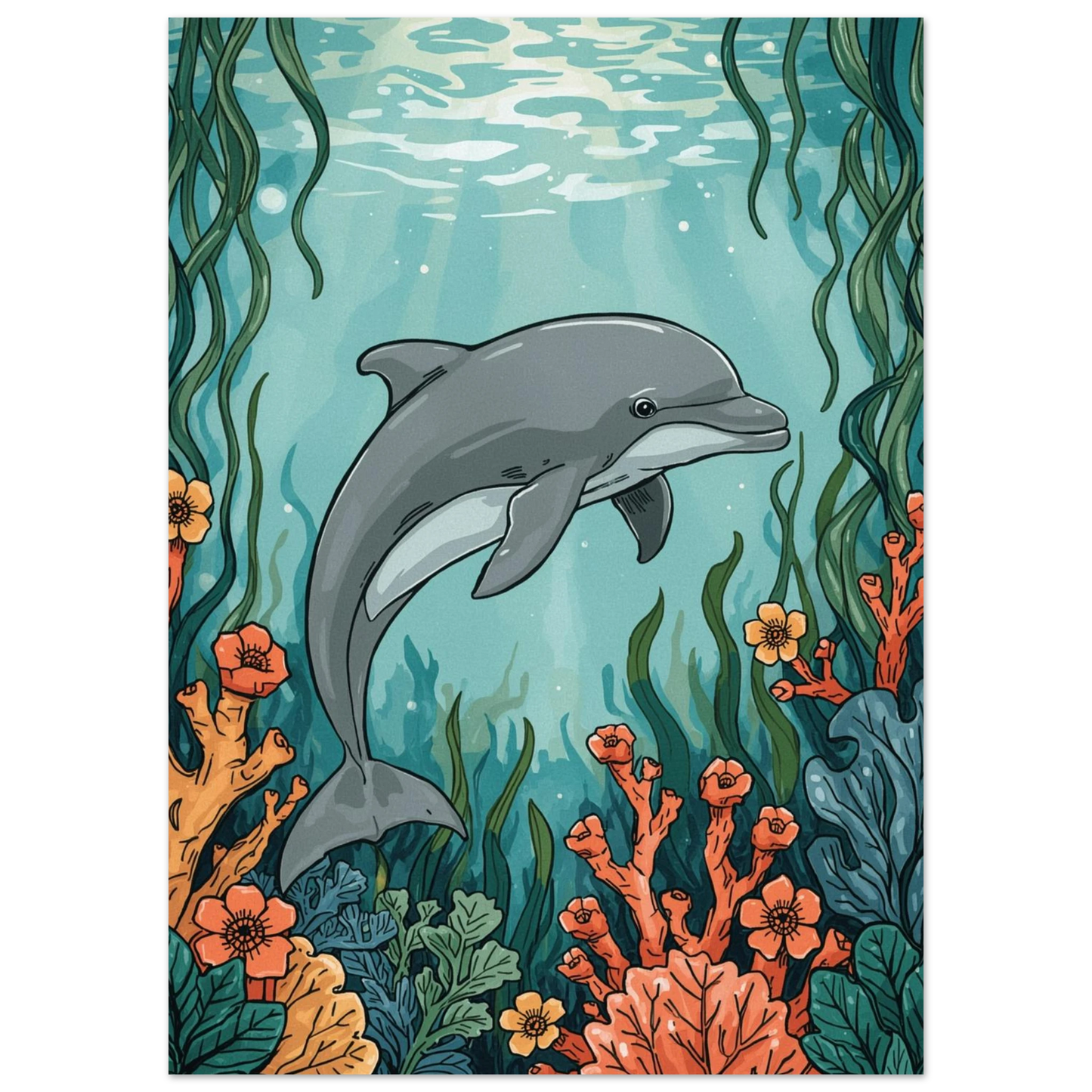Lekfull delfin i undervattensmiljö med grönt sjögräs, grafisk djurposter