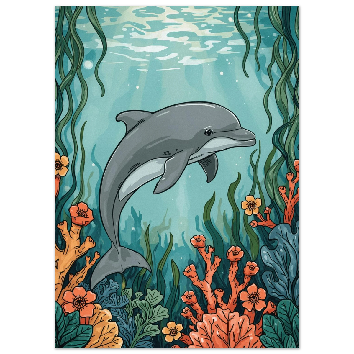 Lekfull delfin i undervattensmiljö med grönt sjögräs, grafisk djurposter