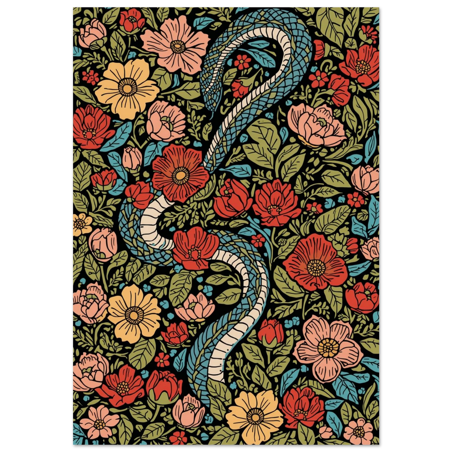 Blå orm slingrar sig genom röda blommor i botanisk illustration