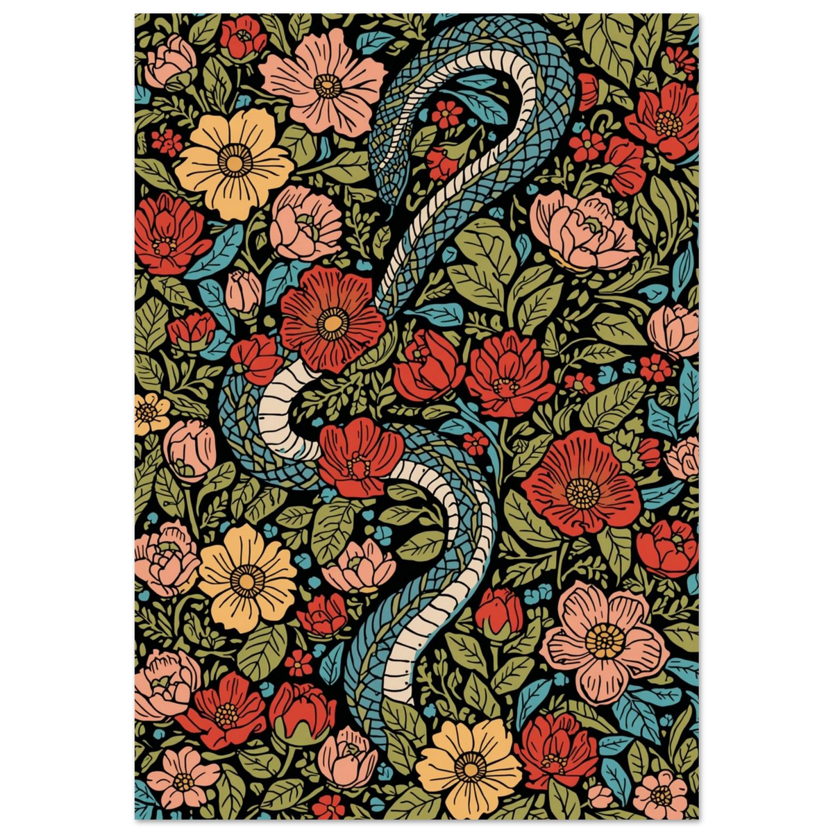 Blå orm slingrar sig genom röda blommor i botanisk illustration
