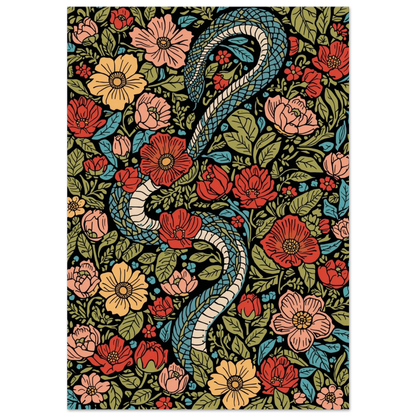 Blå orm slingrar sig genom röda blommor i botanisk illustration