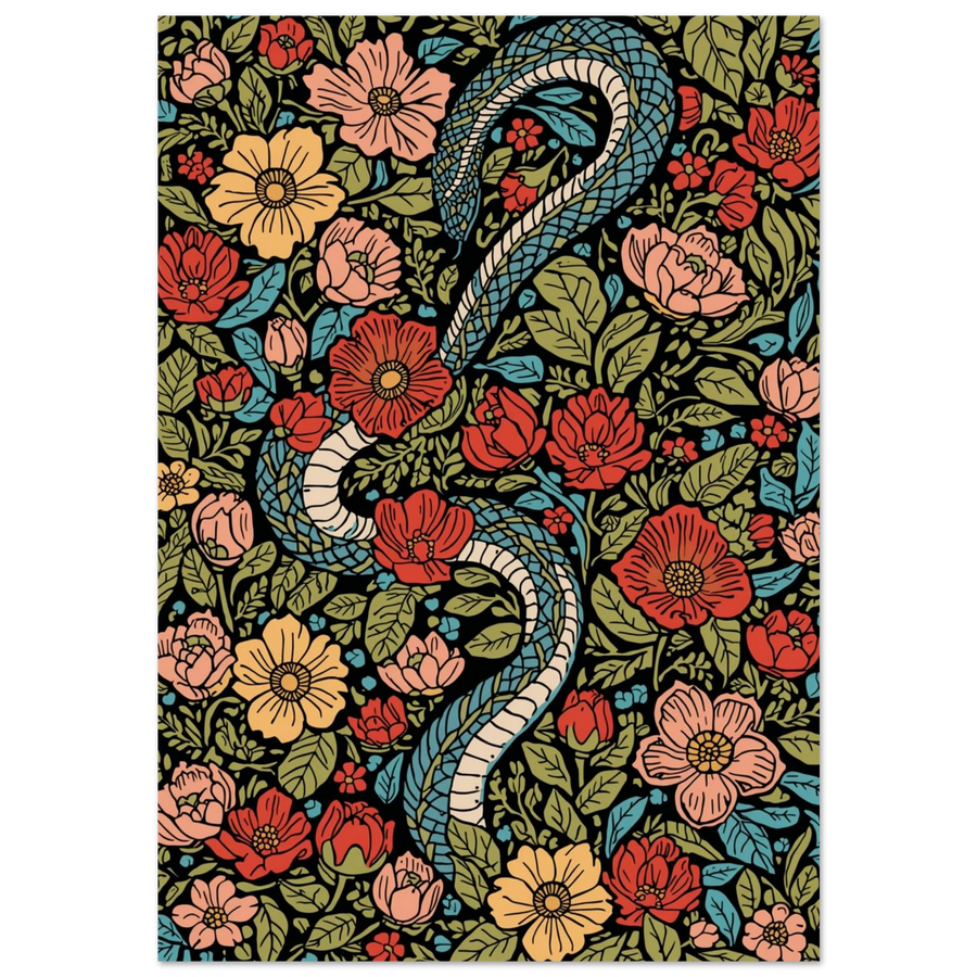 Blå orm slingrar sig genom röda blommor i botanisk illustration