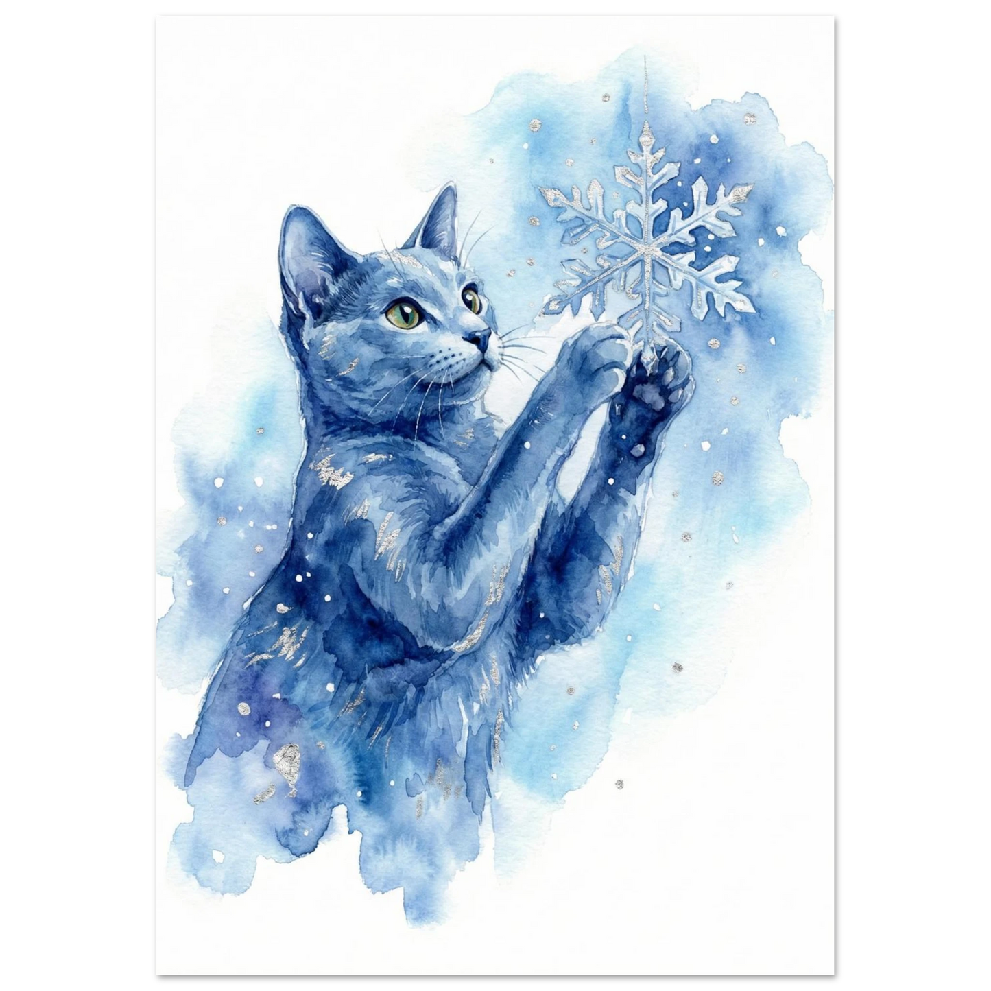 Sittande blå katt i akvarellstil som leker med vinterns snöflingor