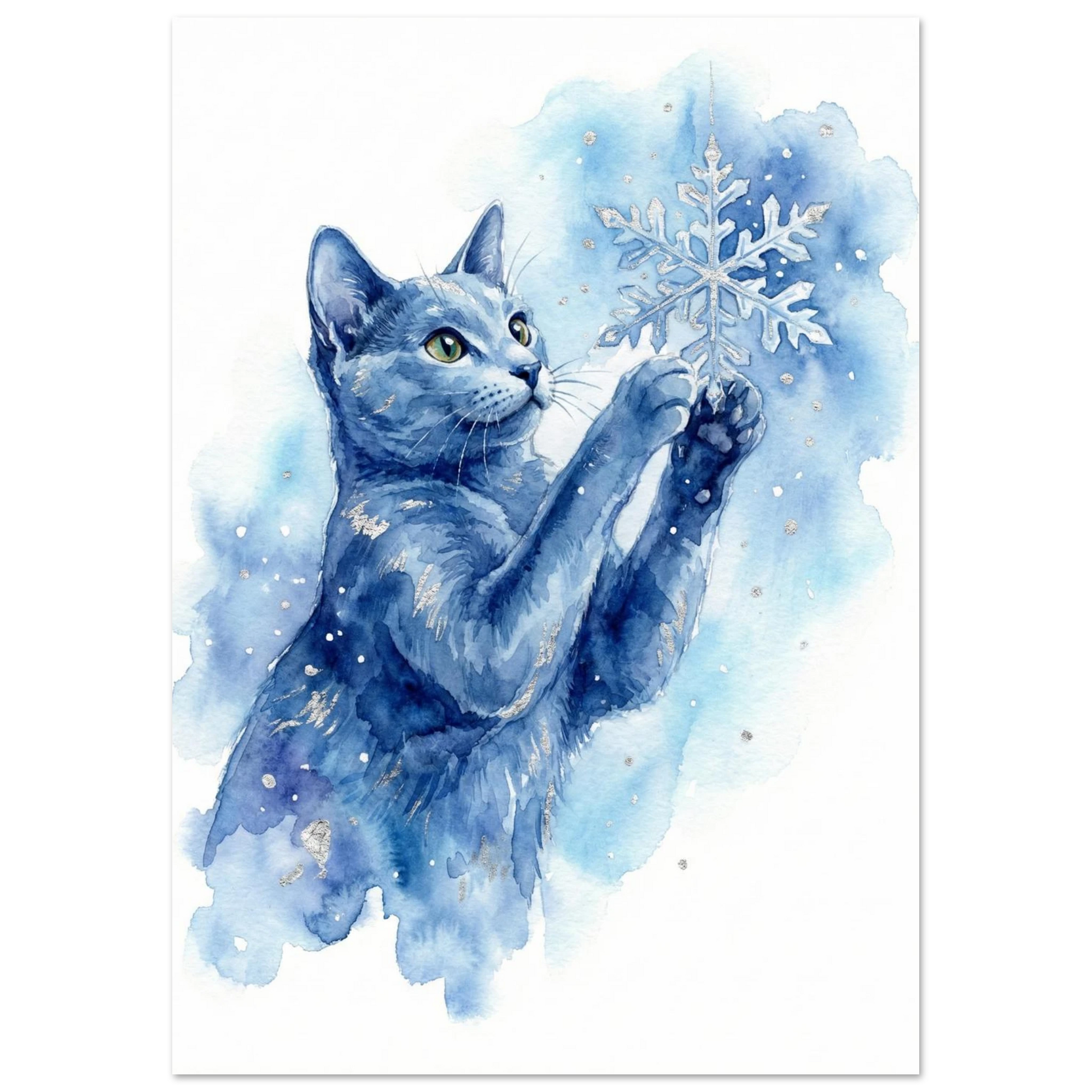 Sittande blå katt i akvarellstil som leker med vinterns snöflingor