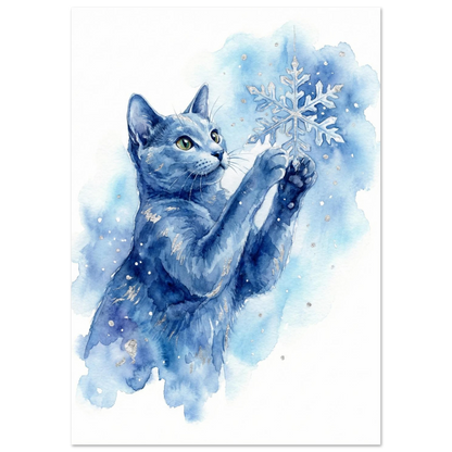 Sittande blå katt i akvarellstil som leker med vinterns snöflingor
