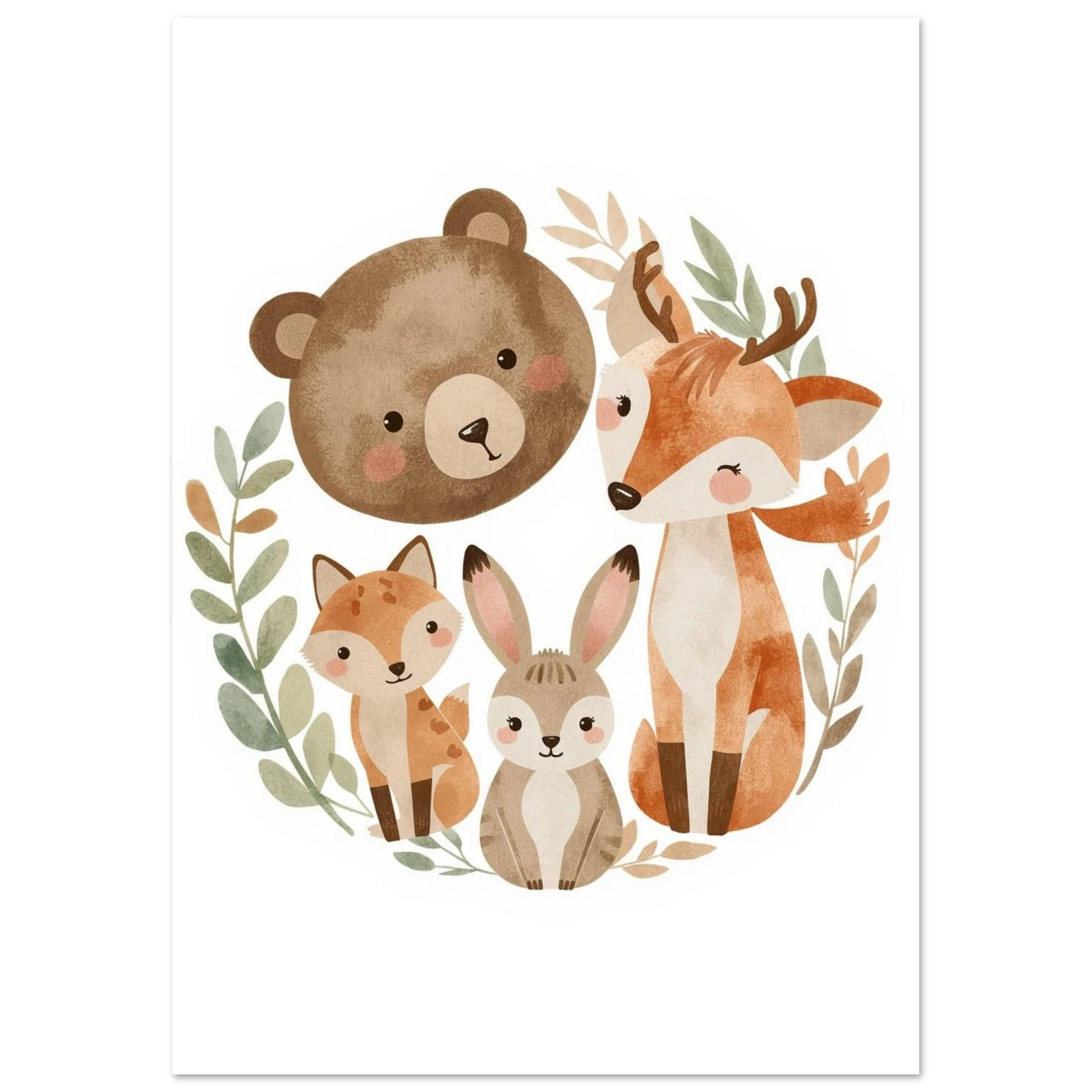 Grupporträtt av skogens djur i mjuka bruna toner – barntavla illustration
