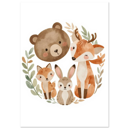 Grupporträtt av skogens djur i mjuka bruna toner – barntavla illustration